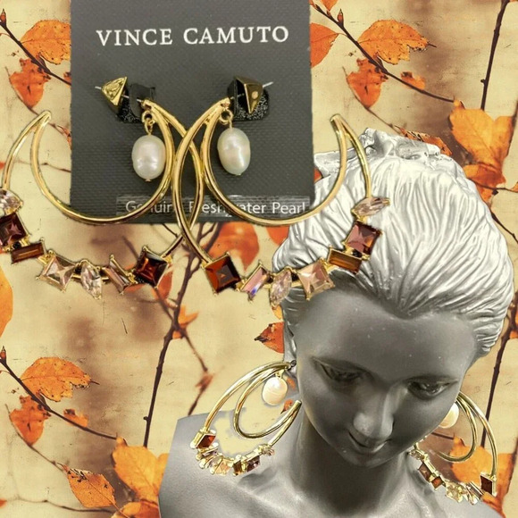 Vince Camuto Fall Crystal Colors Pearl Accent Large Double Open Hoop Earrings - Picture 1 of 4